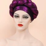 African/Nigerian Headtie Aso Eke Already Made Auto Gele-Purple
