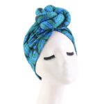 African Top Knotted Turban Elastic Head Wrap Pre-tied- Mixed Blue